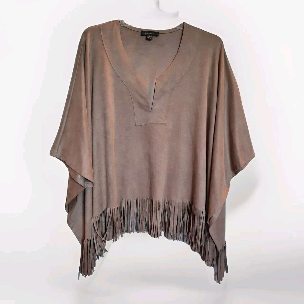 Karen Kane Oversize Tan Beige Soft Faux Suede Fringe Poncho Top L72551 Sz M/L